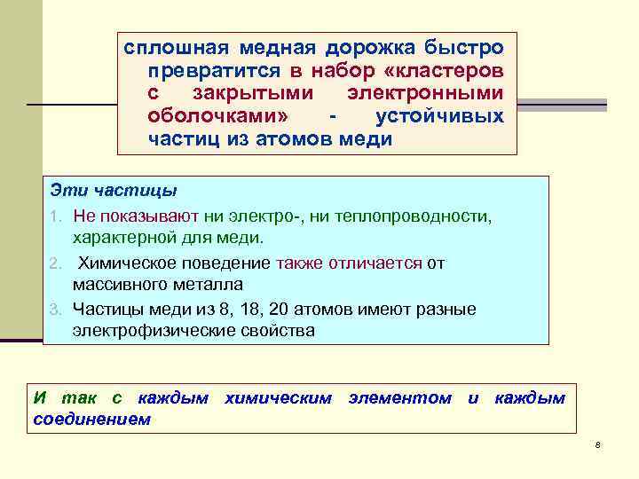  сплошная медная дорожка быстро превратится в набор «кластеров с закрытыми электронными оболочками» -