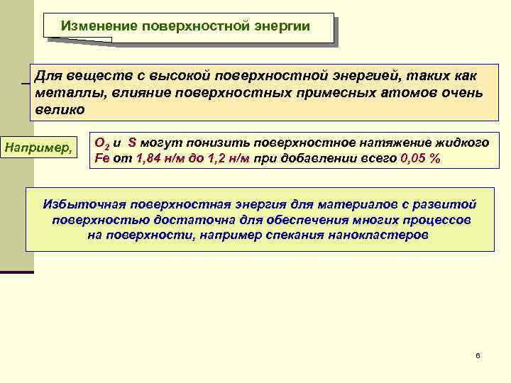 Изменение поверхностной энергии Для веществ с высокой поверхностной энергией, таких как металлы, влияние поверхностных