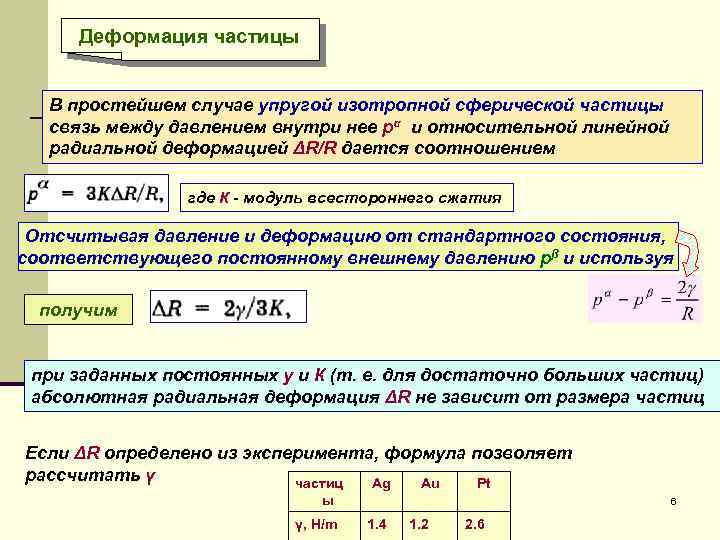 Деформация частицы В простейшем случае упругой изотропной сферической частицы связь между давлением внутри нее