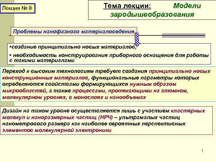 Лекция № 8 Тема лекции: Модели зародышеобразования Проблемы нанофазного материаловедения • создание принципиально новых
