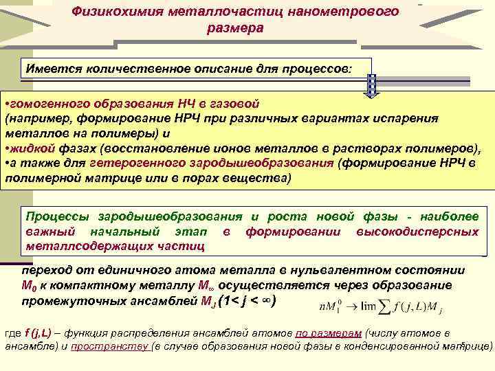 Физикохимия металлочастиц нанометрового размера Имеется количественное описание для процессов: • гомогенного образования НЧ в