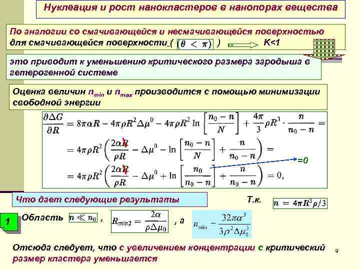 Нуклеация и рост нанокластеров в нанопорах вещества По аналогии со смачивающейся и несмачивающейся поверхностью