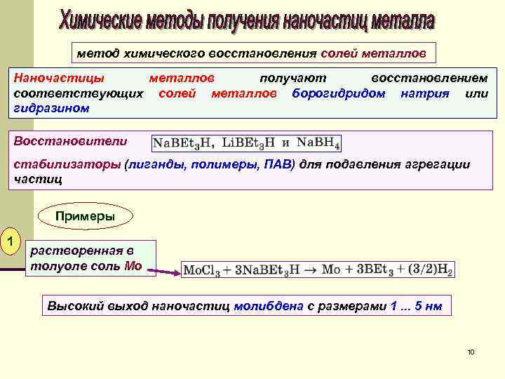метод химического восстановления солей металлов Наночастицы металлов получают восстановлением соответствующих солей металлов борогидридом натрия