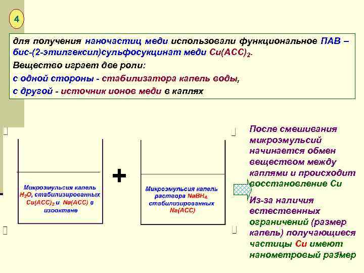 4 для получения наночастиц меди использовали функциональное ПАВ – бис-(2 -этилгексил)сульфосукцинат меди Сu(АСС)2. Вещество