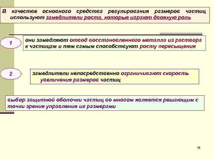В качестве основного средства регулирования размеров частиц используют замедлители роста, которые играют двоякую роль