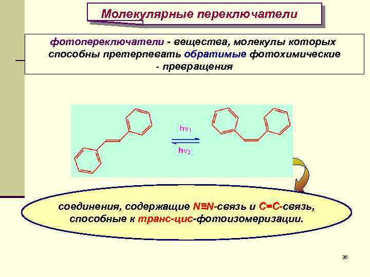 Молекулярные переключатели фотопереключатели - вещества, молекулы которых способны претерпевать обратимые фотохимические - превращения соединения,