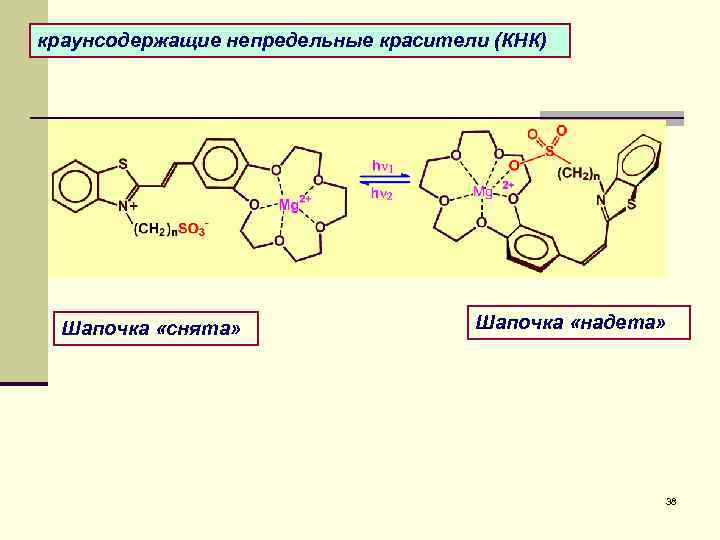 краунсодержащие непредельные красители (КНК) Шапочка «снята» Шапочка «надета» 38 