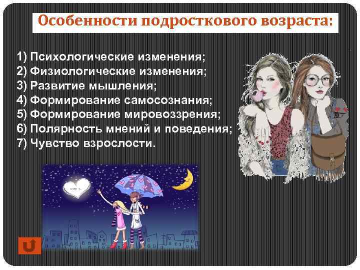 Особенности подросткового возраста: 1) Психологические изменения; 2) Физиологические изменения; 3) Развитие мышления; 4) Формирование