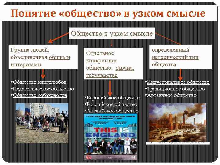 Понятие «общество» в узком смысле Общество в узком смысле Группа людей, объединенная общими интересами