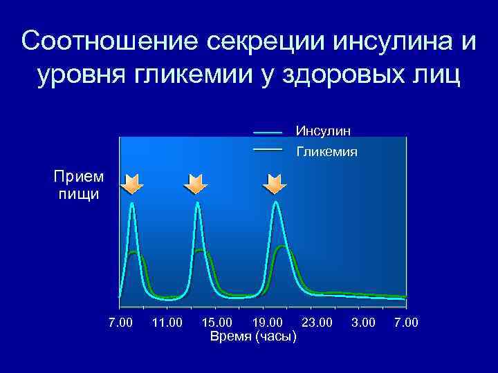 Соотношение секреции инсулина и уровня гликемии у здоровых лиц Инсулин Гликемия Прием пищи 7.