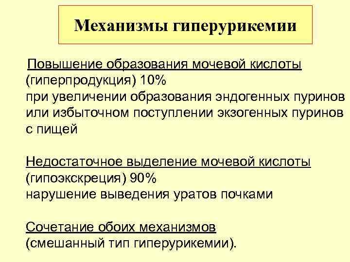 Механизмы гиперурикемии Повышение образования мочевой кислоты (гиперпродукция) 10% при увеличении образования эндогенных пуринов или