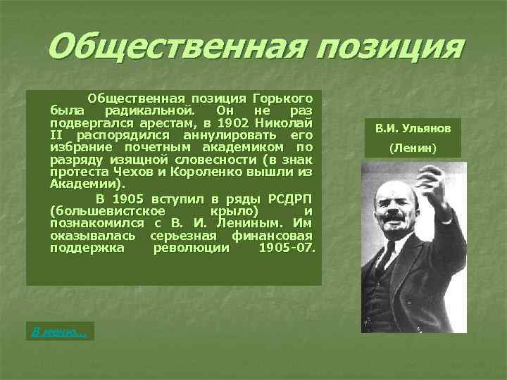 Общественная позиция Горького была радикальной. Он не раз подвергался арестам, в 1902 Николай II