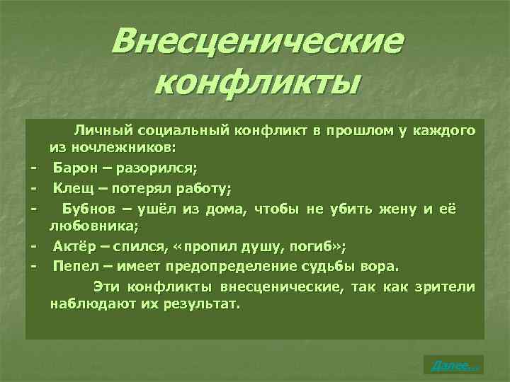 Внесценические конфликты - Личный социальный конфликт в прошлом у каждого из ночлежников: Барон –
