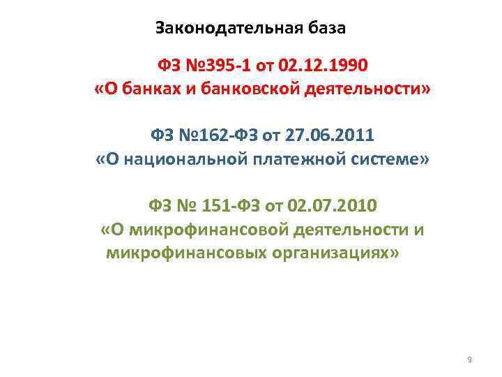  Законодательная база  ФЗ № 395 -1 от 02. 1990 «О банках и