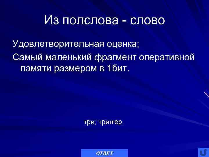  Из полслова - слово Удовлетворительная оценка; Самый маленький фрагмент оперативной памяти размером в