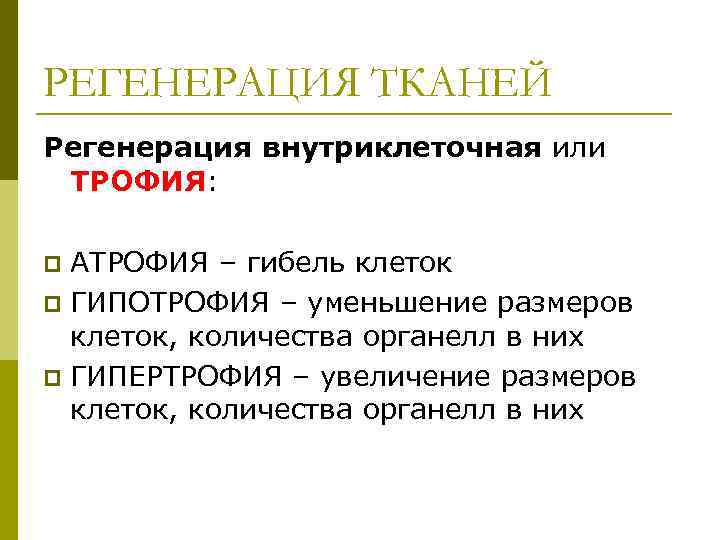 РЕГЕНЕРАЦИЯ ТКАНЕЙ Регенерация внутриклеточная или ТРОФИЯ:  p АТРОФИЯ – гибель клеток p ГИПОТРОФИЯ