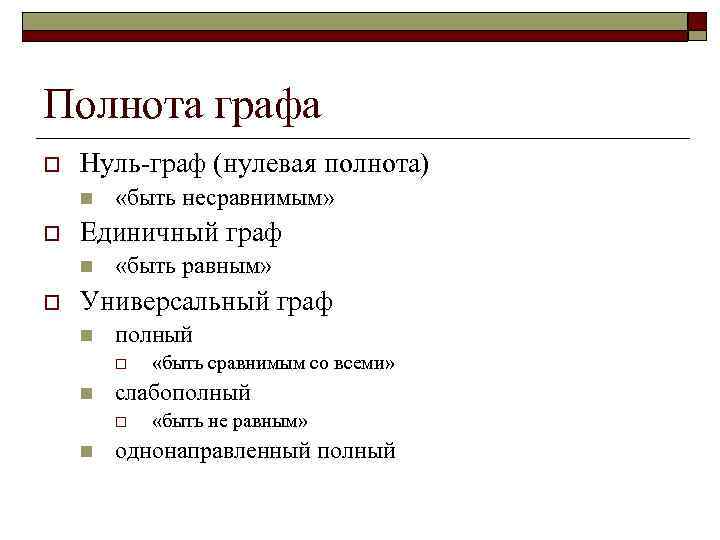 Полнота графа o  Нуль-граф (нулевая полнота) n  «быть несравнимым» o  Единичный