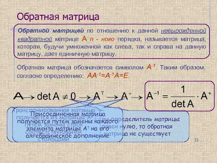 Обратная матрица Обратной матрицей по отношению к данной невырожденной квадратной матрице A n -