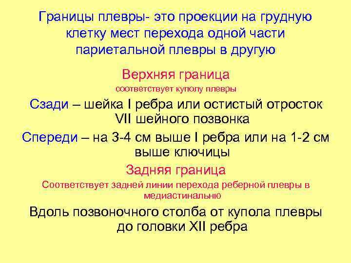 Границы плевры- это проекции на грудную клетку мест перехода одной части париетальной плевры в