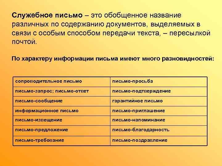 Служебное письмо – это обобщенное название различных по содержанию документов, выделяемых в связи с