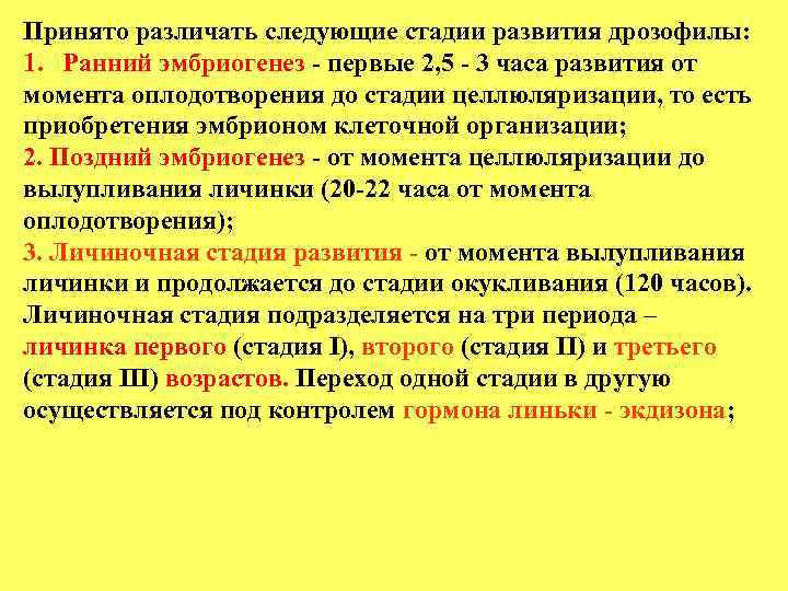 Принято различать следующие стадии развития дрозофилы: 1. Ранний эмбриогенез - первые 2, 5 -