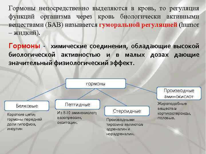 Гормоны непосредственно выделяются в кровь, то регуляция функций организма через кровь биологически активными веществами