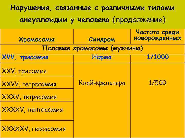Нарушения, связанные с различными типами анеуплоидии у человека (продолжение) Частота среди новорожденных Хромосомы Синдром