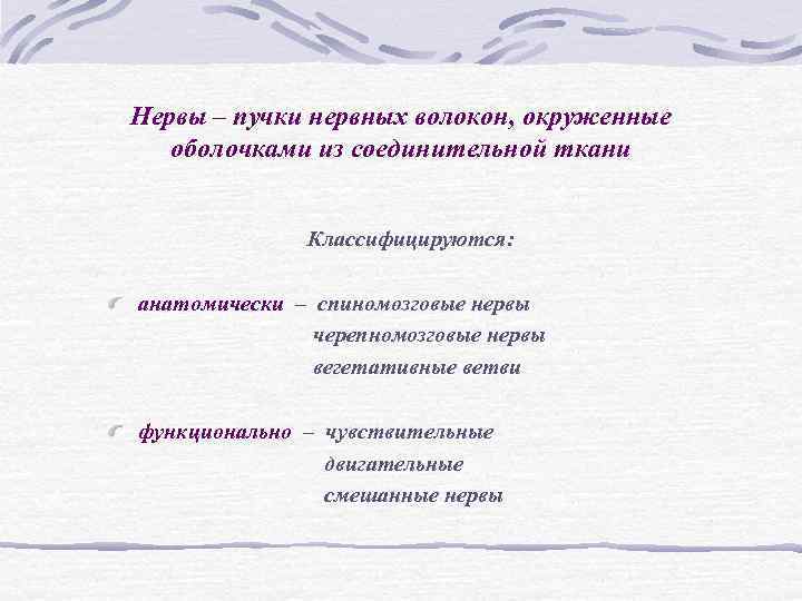 Нервы – пучки нервных волокон, окруженные оболочками из соединительной ткани Классифицируются: Нервы – пучки нервных волокон, окруженные оболочками из соединительной ткани Классифицируются: