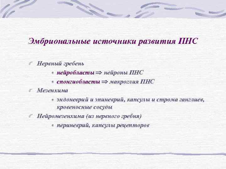Эмбриональные источники развития ПНС Нервный гребень нейробласты нейроны ПНС спонгиобласты Эмбриональные источники развития ПНС Нервный гребень нейробласты нейроны ПНС спонгиобласты