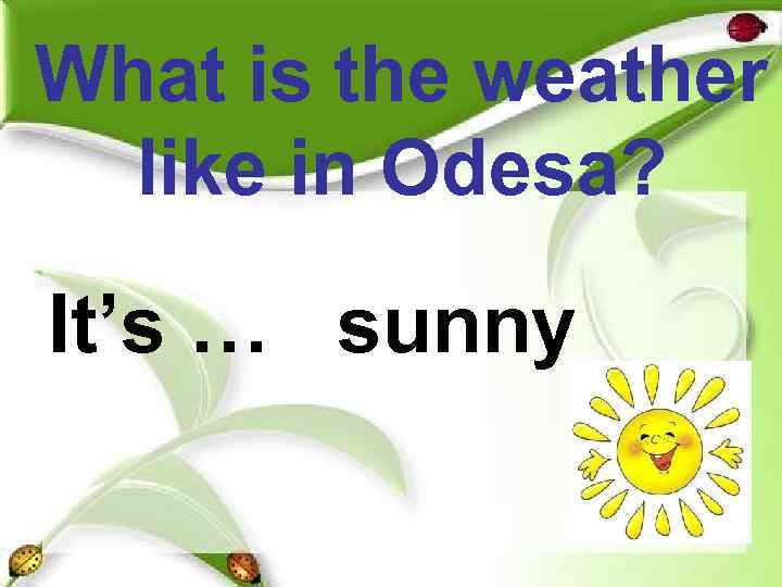 What is the weather  like in Odesa?  It’s … sunny 