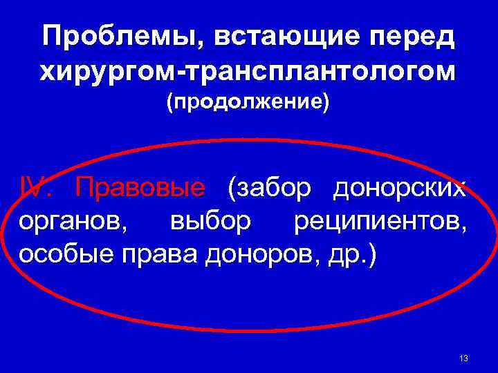  Проблемы, встающие перед хирургом-трансплантологом  (продолжение)  IV. Правовые (забор донорских органов, 