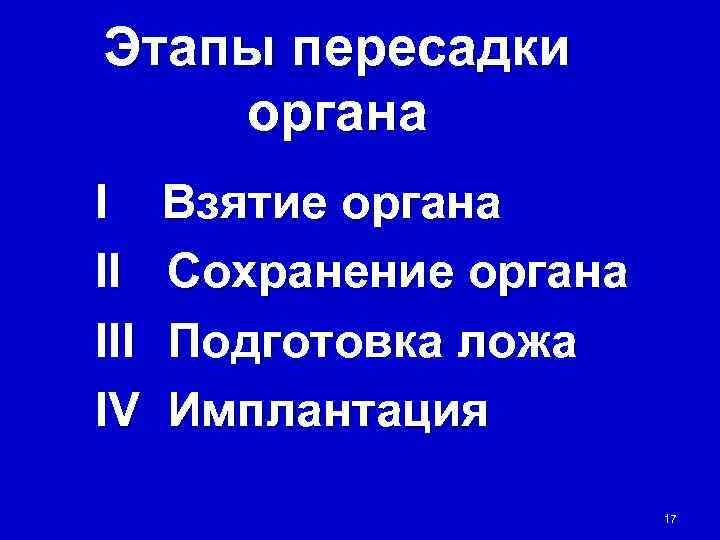 Этапы пересадки органа I Взятие органа II  Сохранение органа III  Подготовка ложа