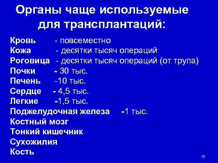  Органы чаще используемые для трансплантаций: Кровь  - повсеместно Кожа - десятки тысяч