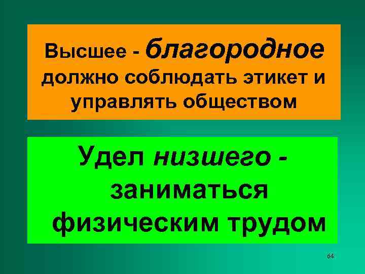 Высшее - благородное должно соблюдать этикет и  управлять обществом  Удел низшего -