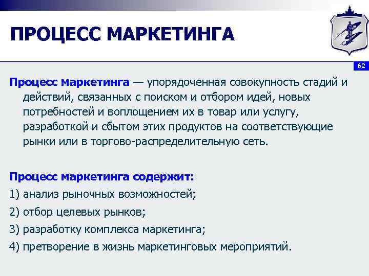 ПРОЦЕСС МАРКЕТИНГА 62 Процесс маркетинга — упорядоченная совокупность стадий и действий, связанных с поиском