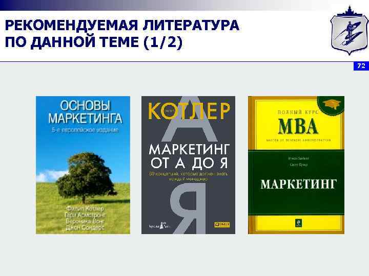 РЕКОМЕНДУЕМАЯ ЛИТЕРАТУРА ПО ДАННОЙ ТЕМЕ (1/2) 72 