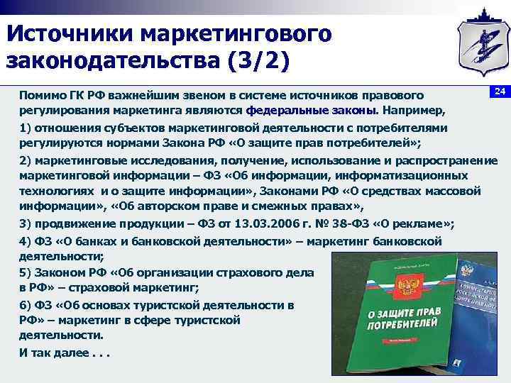 Источники маркетингового законодательства (3/2) Помимо ГК РФ важнейшим звеном в системе источников правового регулирования