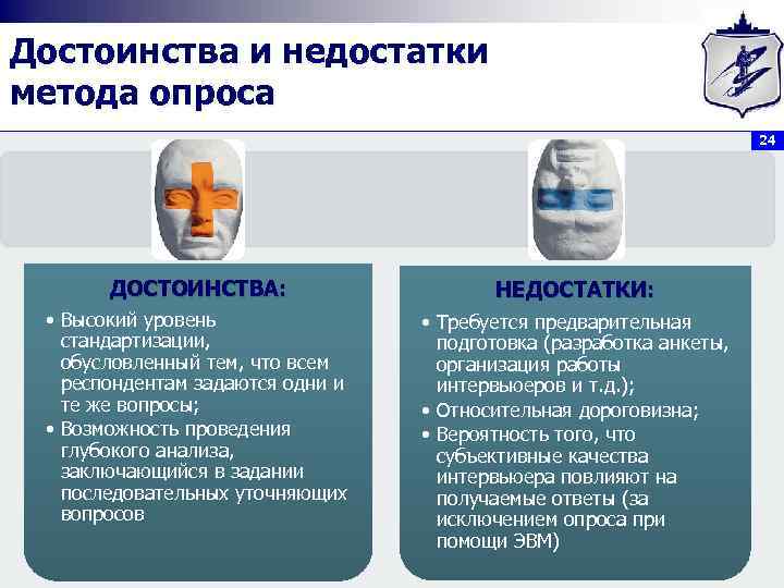 Достоинства и недостатки метода опроса 24 ДОСТОИНСТВА: НЕДОСТАТКИ: • Высокий уровень стандартизации, обусловленный тем,
