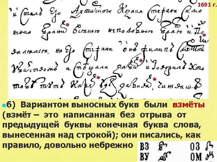 1691 г. n 6) Вариантом выносных букв были взмёты (взмёт – это написанная без