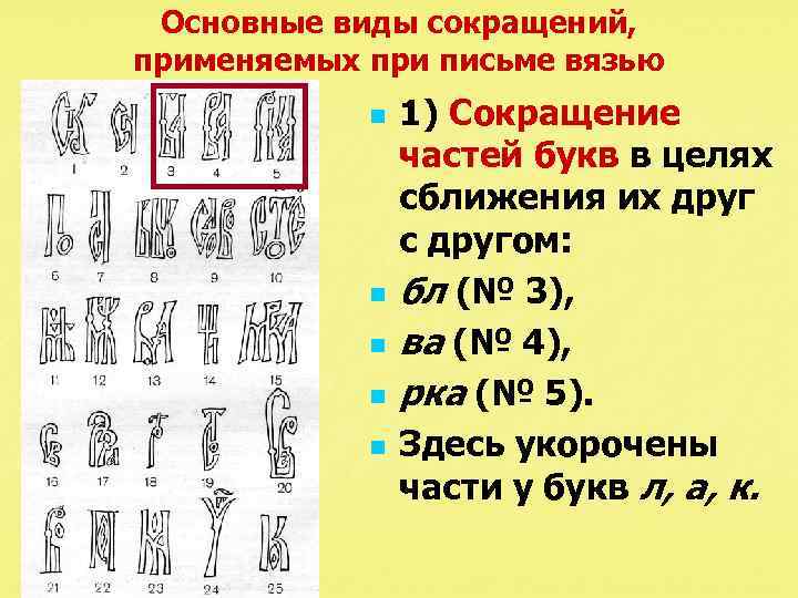 Основные виды сокращений, применяемых при письме вязью n n n 1) Сокращение частей букв