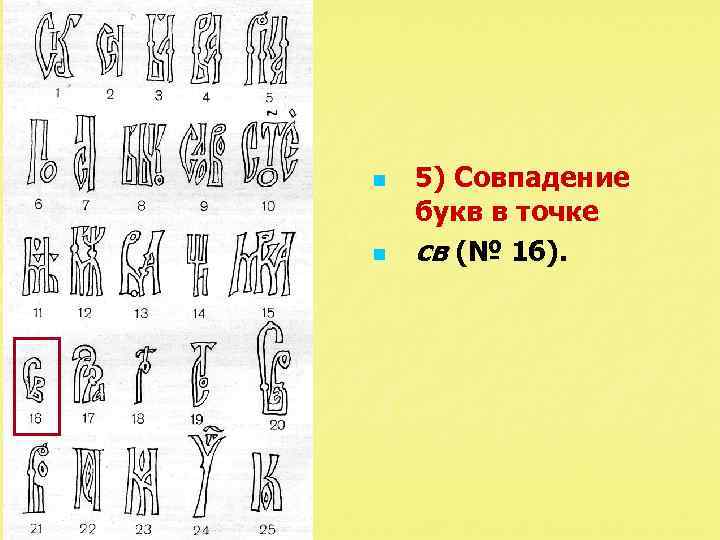 n n 5) Совпадение букв в точке св (№ 16). 