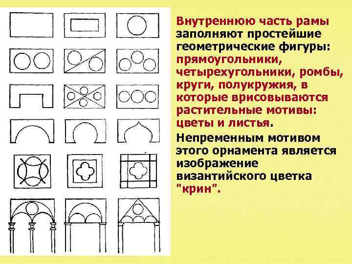 n n Внутреннюю часть рамы заполняют простейшие геометрические фигуры: прямоугольники, четырехугольники, ромбы, круги, полукружия,