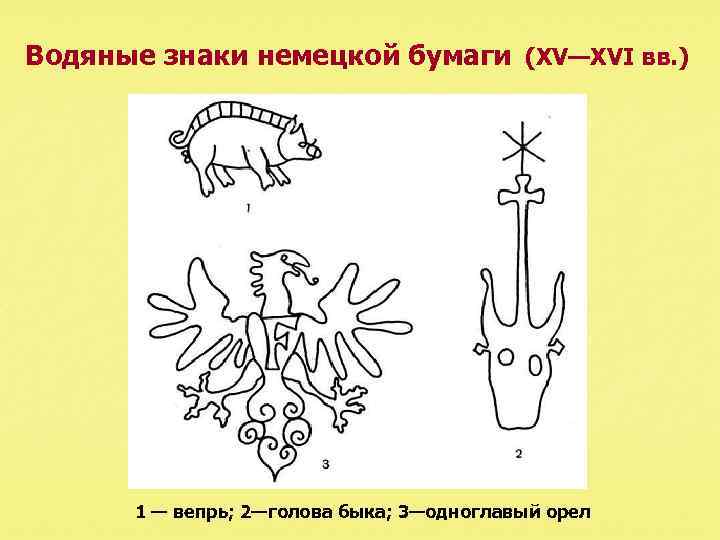 Водяные знаки немецкой бумаги (XV—XVI вв. ) 1 — вепрь; 2—голова быка; 3—одноглавый орел