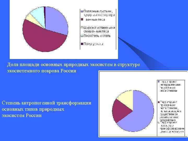 Доля площади основных природных экосистем в структуре экосистемного покрова России Степень антропогенной трансформации основных