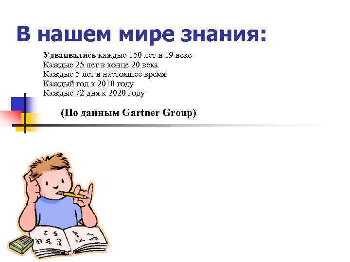 В нашем мире знания: Удваивались каждые 150 лет в 19 веке Каждые В нашем мире знания: Удваивались каждые 150 лет в 19 веке Каждые