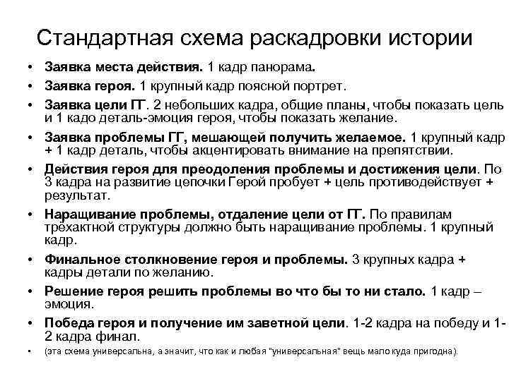 Стандартная схема раскадровки истории • Заявка места действия. 1 кадр панорама. • Заявка героя.