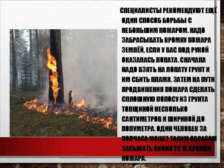 СПЕЦИАЛИСТЫ РЕКОМЕНДУЮТ ЕЩЁ ОДИН СПОСОБ БОРЬБЫ С НЕБОЛЬШИМ ПОЖАРОМ. НАДО ЗАБРАСЫВАТЬ КРОМКУ ПОЖАРА ЗЕМЛЁЙ,