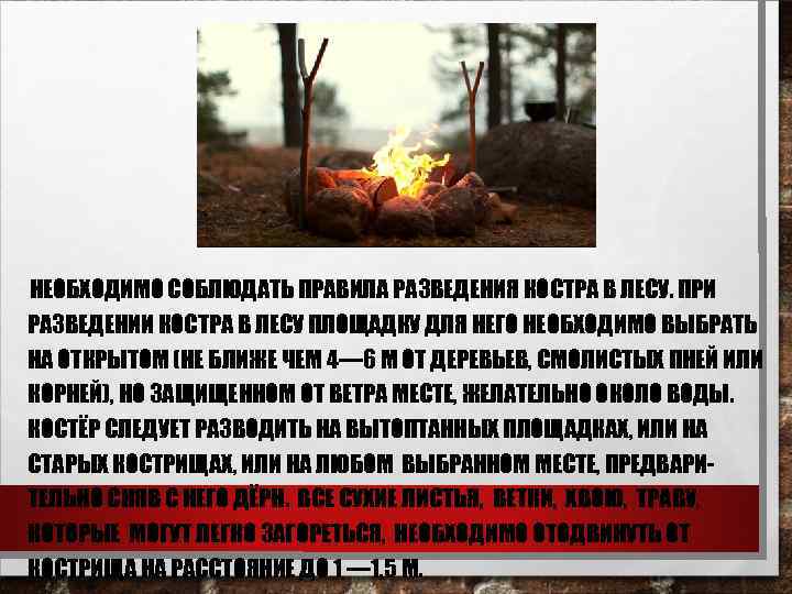 НЕОБХОДИМО СОБЛЮДАТЬ ПРАВИЛА РАЗВЕДЕНИЯ КОСТРА В ЛЕСУ. ПРИ РАЗВЕДЕНИИ КОСТРА В ЛЕСУ ПЛОЩАДКУ ДЛЯ