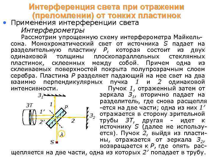 Интерференция света при отражении (преломлении) от тонких пластинок • Применения интерференции света Интерферометры Рассмотрим