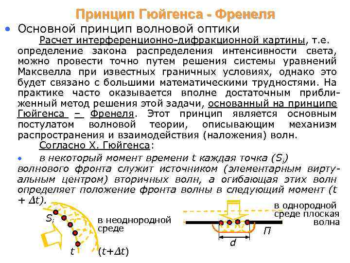 Принцип Гюйгенса - Френеля • Основной принцип волновой оптики Расчет интерференционно-дифракционной картины, т. е.